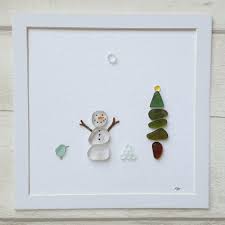 Sea Glass Art Snowman And Christmas Tree Wall Decor Sea Glass Art Sea Glass Crafts Christmas Pebble Art