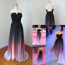 2015 Real Photo Backless Elie Saab Cheap Evening Dresses Gradient Strapless Print Chiffon Prom Dress Lily Collin Party Formal Gown Plus Size Clearance