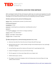 Movie Worksheet Ted Less Stuff More Happiness Ted Talk Activities Ted Ted Talks