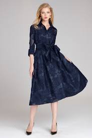3 4 Sleeve Organza Printed Tea Length Shirtdress Tea Length Dresses Navy Cocktail Dress Dresses