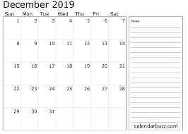 December 2019 Calendar With Notes 2019 Calendar Calendar Notes Calendar Template