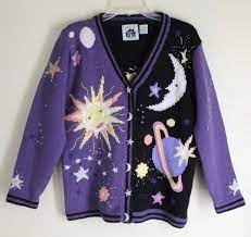 Storybook knits by amy carroll & denise brown. Storybook Knits Hand Knit Sz S Fun Astrology Space Age Sweater Art To Wear Ebay Sweaters Clothes How To Wear