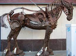 9839 Alberta Calgary Iron Horse Life Size Metal Sculpture Made Completely Out Of Scrap Metal On Centre St At The Corner Stephen Avenue Scrap Metal Art Metal Art Metal Horse Sculptures