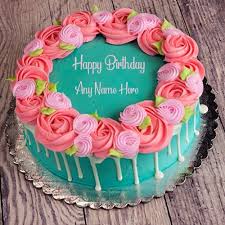 Birthday Cake For Wife 2020 Pink Rose Rosette Birthday Cake With Name In 2020 Image Birthday Cake Birthday Cake Writing Birthday Cake For Wife