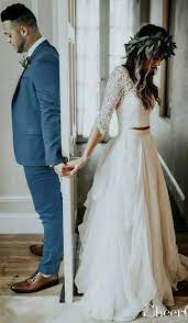 Two Piece Boho Wedding Dresses With Sleeves Gorgeous Rustic Wedding Dresses For Fall Bohoweddin Sifon Gelinlikler Vintage Gelinlikler Plaj Dugunu Gelinlikleri