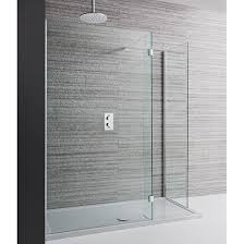 Brushed nickel shower head with digital shower valve, victoria and albert bathtub, curbless shower with hidden shower drain, flat pebble shower floor, shelf over tub with led lighting, gray vanity with drawer fronts, white square. Crosswater Design Walk In Shower Enclosure Shower Tray Drench