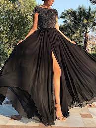Cette robe dispose de manches longues.; Robe Longue Avec Mousseline Paillette Fendu Le Cote Manches Courtes Elegant De Soiree Noir Robe Longue Robes
