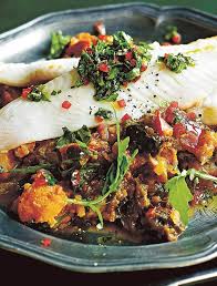 Jamie S Argentine Style Fish With Caponata Chimichurri Hearty Meals Chimichurri Recipe Caponata