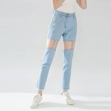 2019 Denim Jeans Women Pencil Pants Metal Buckle Broken Cut Out Trendy Trousers Split Female Juniors High Waist Hippie Streetwear From Grege 85 33