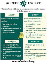 Accept Vs Except How To Use Except Vs Accept In English Confused Words Learn English Words Learn English Vocabulary Learn English Grammar