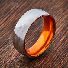 Wood Grain Damascus Steel Ring Resilient Orange Damascus Steel Ring Wedding Rings Mens Wedding Rings
