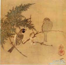 宋赵佶 腊梅双禽图 此画以细腻的笔法描绘交叠生长的柏稍与腊梅 梅枝上一对山雀相视而鸣 白梅点缀其间 春意微露 山雀的眼睛以生漆点绘 神采奕奕 这是赵佶擅长的点睛之法 画面右下角题 天下一人 其上钤 御书 葫芦形印 oriental art zen painting painting