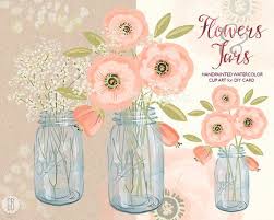 Watercolor Mason Jar Baby Breath Cream Pink Flowers Hand Etsy Flower Bouquet Drawing Watercolor Invitations Digital Background Paper