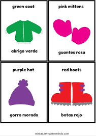 English And Spanish Colors Winter Wear Practice Classroom Display And Flash Cards Printables Miniature Mastermin Spanish Colors Classroom Displays Flashcards
