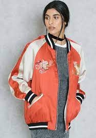 Buy Bardot Red Embroidered Reversible Satin Bomber Jacket For Women In Mena Worldwide