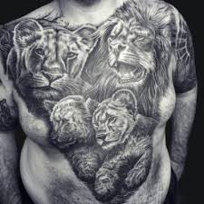 Black And Grey Lion Family Tattoo Lion Chest Tattoo Lion Tattoo Animal Tattoos