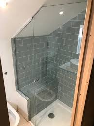 Fully Frameless Shower Enclosure Installed Into Loft Conversion Door And Panel Shaped To Sloped Small Attic Bathroom Sloped Ceiling Bathroom Small Shower Room