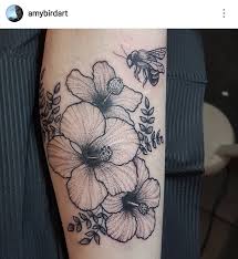 Dotwork Hibiscus Flower And Bumblebee Tattoo By Amybirdart Hibiscus Tattoo Floral Tattoo Sleeve Bee And Flower Tattoo