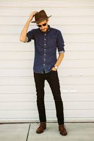 Men S Navy Denim Shirt Black Jeans Brown Leather Derby Shoes Brown Wool Hat Black Jeans Men Denim Shirt Men Denim Shirt Black Jeans