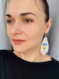 White Fringe Earrings With Moon Blue Daisy Earrings Beaded Jewelry With  Flowers Dangle Boho Earrings Gold Half Moon Earrings Pearl Jewelry