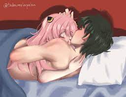 anya (spy x family), damian desmond, spy x family, artist request, highres,  1boy, 1girl, bed, black hair, couple, cuddling, hand on another's  head, lying, nude, pink hair, under covers - Image View - |