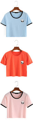 Pink Crew Neck Alien Print Crop T Shirt Clothes Alien Clothes Shirts