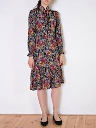 70 S Retro Floral Dress Velvet Trims High Neck Midi Dress Flowers Leafs Tea Dress Buttoned Retro Old Fashi High Neck Midi Dress Vintage Midi Dresses Tea Dress