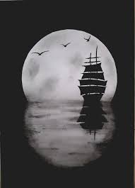 Black And White Drawing Ideas For Beginners Boat In Seat At Night Birds And Moon Landscape Pencil Drawings Black Paper Drawing Dark Art Drawings