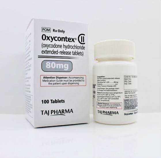 Oxycodone HCl 80 mg extended-release packaging, AI generated