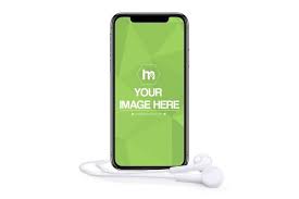 Turn The Volume Up An Online Mockup Template With A Black Iphone X Smartphone With White Earphones Front View Of An Iphon Headphones Online Iphone Smartphone