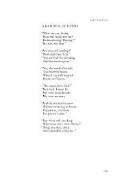 May Sarton A Handful Of Thyme Poetry Magazine Poetry Poetry Foundation