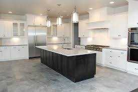 Muted Grey Tile Kitchen Floor With White Tile Backsplash Kitchen Flooring Ceramic Tile Floor Kitchen Grey Kitchen Tiles