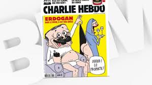 The headline of this week's cover translates into: Charlie Hebdo Egratigne Erdogan Avec Une Nouvelle Caricature
