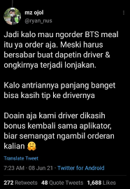 Army macam pengabdi setan army galang donasi untuk sopir ojol pengantar bts meal, sudah terkumpul rp38.226.107 bts meal, antara sepaket hasrat kudapan, army dan kemanusian Ongkir Bts Meal Mcdonald S Mahal Sopir Ojol Beberkan Sebabnya Pikiran Rakyat Com Halaman 2