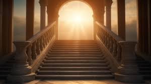 Premium AI Image | Sunrise casts a divine glow upon the stairway symbolizing the entrance to eternal paradise