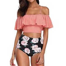 Rambling Women Off Shoulder Ruffle Swimsuit Crop Top Two Piece Bathing Suit Ad Ruffle Print High Waist Bikini Set Bikini Set High Waist Girls Bathing Suits