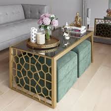 2 Modern Ottoman Glass Metal Coffee Table Set Rectangle Living Room Furniture Coffee Table Decor Living Room Center Table Living Room Table Decor Living Room