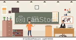 Polish your personal project or design with these teacher and student transparent png images, make it even more personalized and more attractive. Cartoon School Classroom Interior Caucasian Student In The Class At The Chalkboard And Teacher Sitting At The Table Flat Canstock