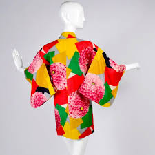 But perfect today as a wearable summer jacket. Japanese Vintage Haori Silk Kimono Jacket In Bold Zinnia And Geometric Print For Sale At 1stdibs