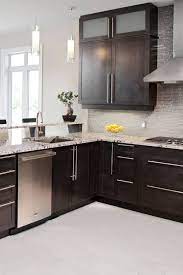 Dark Shaker Cabinets Beige Porcelain Floor Tiles Bianco Antico Counters Mosaic Glass Backspl White Granite Countertops Dark Wood Kitchen Cabinets Dark Cabinets