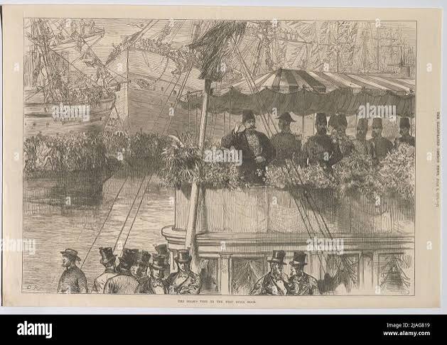 The Shah's Visit to the West India Dock. ". Naser Ad-Din, Shah of Persia, visits West India Docks in London (from" The Illustrated London News "). Unknown Stock Photo - Alamy