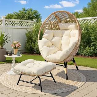 Woven outdoor hanging egg chair with footstool, AI generated