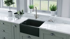 I topped the kitchen off with gorgeous, easy to maintain, marble look, quartz countertops. Sanindusa Black Ceramic Belfast Sink
