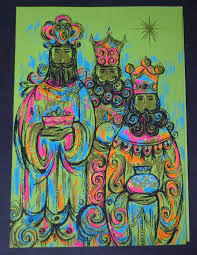 Vintage 1960s Mod Christmas Greeting Card Wisemen Three Kings Magi Pink Orange Blue Xmas Cards Christmas Coloring Cards Holiday Images