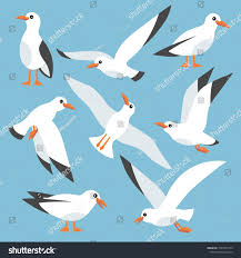 Cartoon Atlantic Seabird Seagulls Flying In Blue Sky Sea Ocean Gull Bird In A Vector Flat Styleflying Blue Seagulls Flying Seagull Illustration Sea Birds
