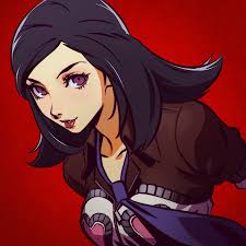 ilya kuvshinov, amano maya, persona, persona 2, 1girl, black hair, heart,  lips, long hair, looking at viewer, purple eyes, red background, solo,  upper body 