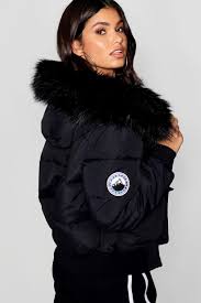 Black Faux Fur Hood Crop Puffer Boohoo Fur Hood Jacket Puffer Coat With Fur Fur Hood Coat