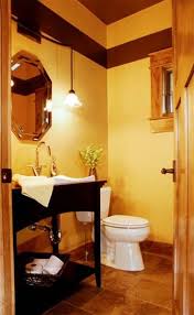 Cute Half Bath Yellow Walls Brown Trim Tile Floors Half Bathroom Decor Log Home Bathrooms Bathroom Decor