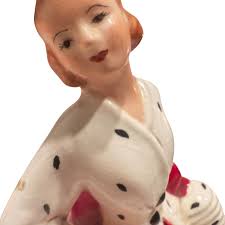 Vintage 1960's Lady Figurine Ceramic Red & White Gown artist signed Peg Cox  8"