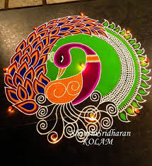 Peacock Circle Green Orange Pink Round Circle Kolam Mandala Rangoli Designs Diwali Rangoli Designs Kolam Designs